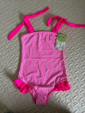 Younger Tree Girls Hot Pink Striped One-Piece Swimsuit with Ruffle Trim 5-6T